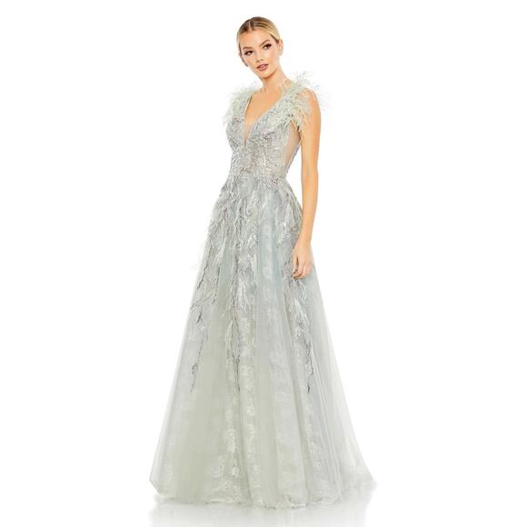 Mac Duggal 20259 Embellished Feathered Sleeveless A-Line Gown in Seamist 4 - Picture 1 of 7